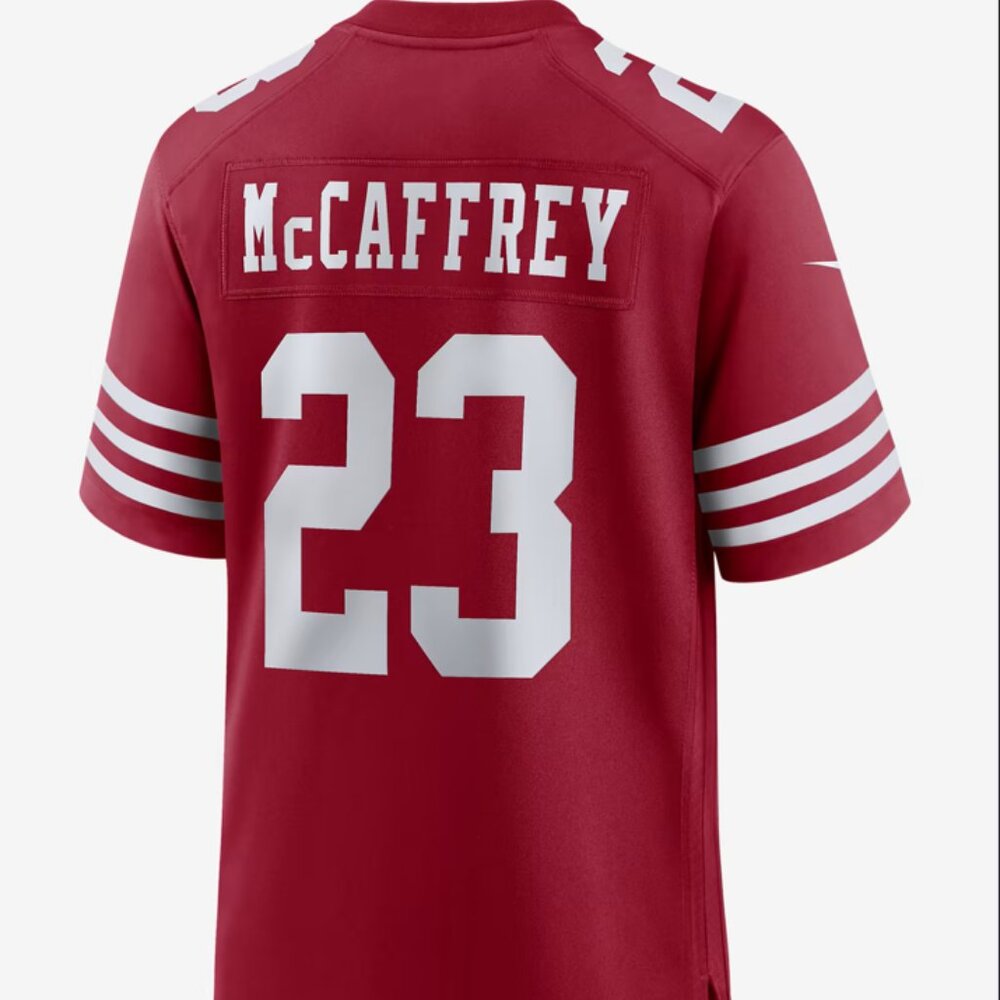 Christian McCaffrey Mens San Francisco 49ers Nike Game Player Jersey Scarlett, 2